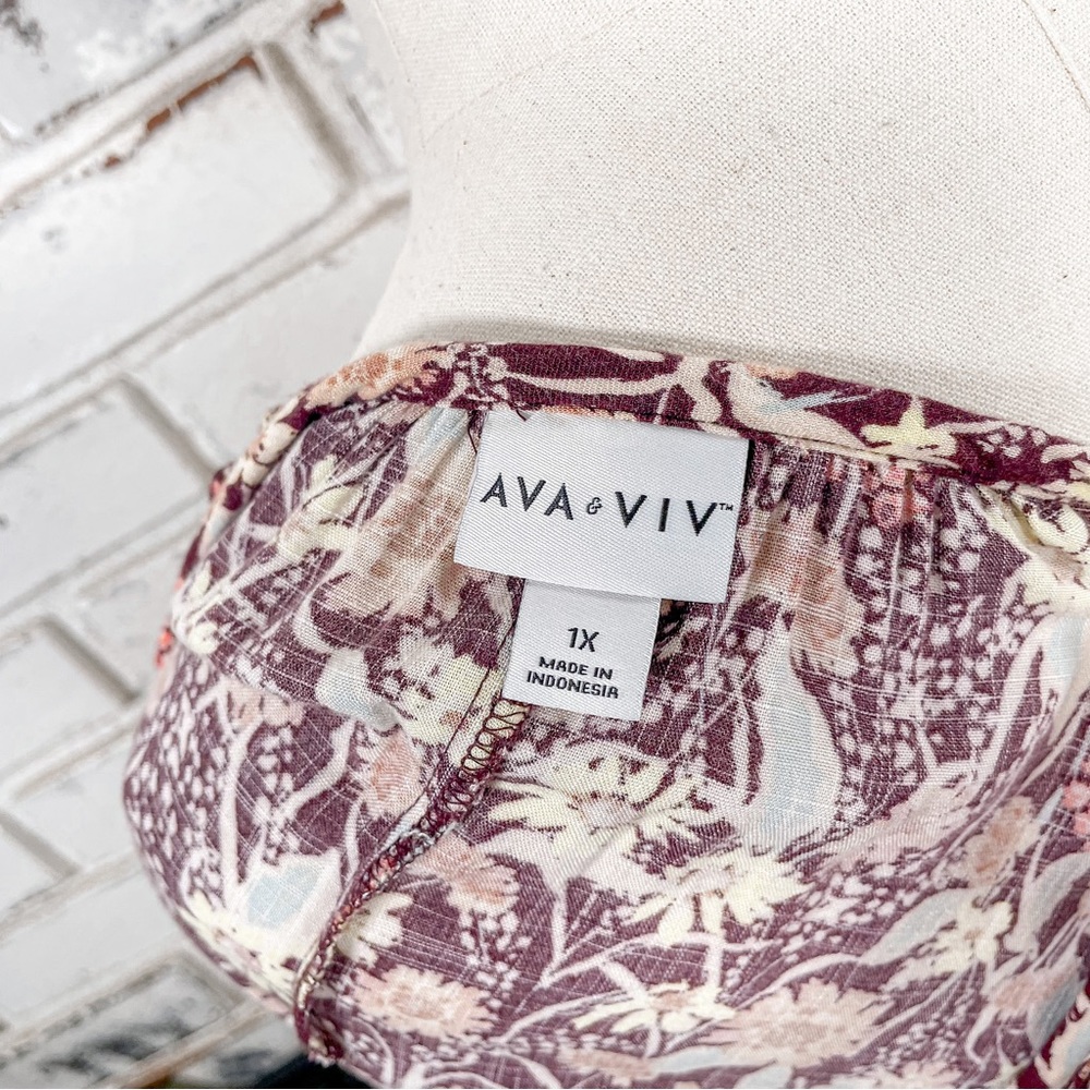 AVA & VIV Burgundy Tan Yellow Pink Floral Boho Flowy 3/4 Sleeve V-neck 1X - Picture 7 of 9